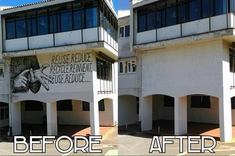 Zid umaške škole prije i poslije "intervencije" 