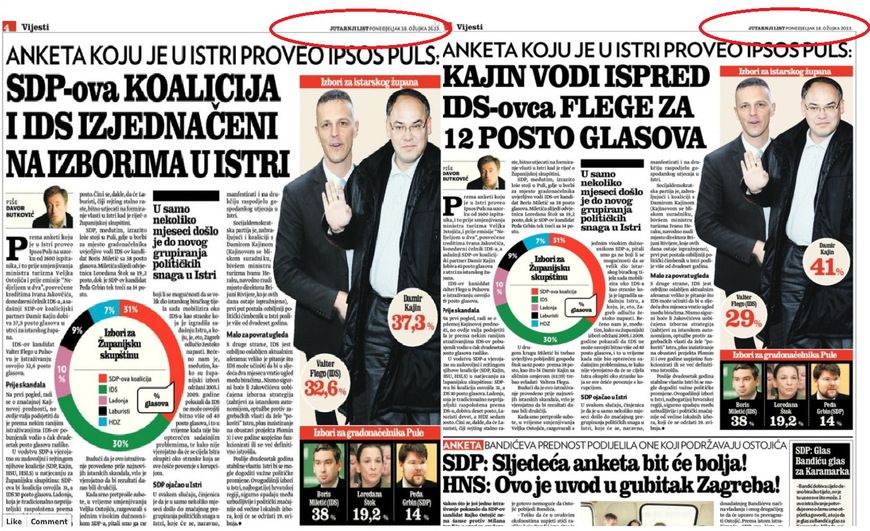 Zagrebačko (lijevo) i istarsko (desno) izdanje Jutarnjeg lista od ponedjeljka, 18. ožujka 2013. godine